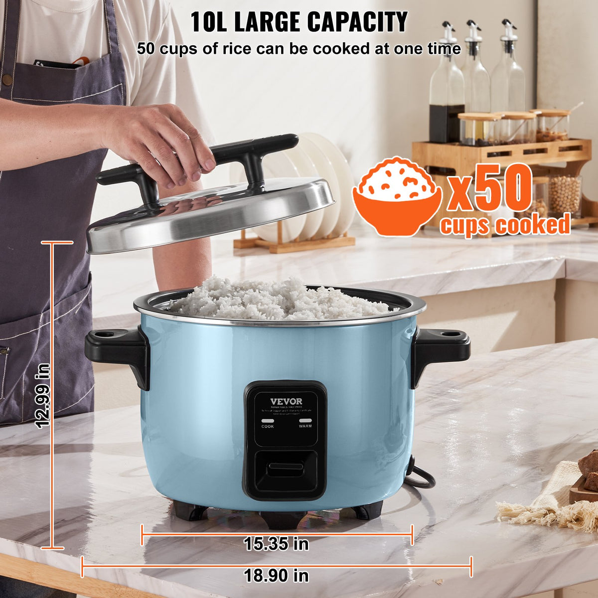 Commercial Rice Cooker 50-Cup 10L, Large Nonstick Cooker with Warmer & Paddle