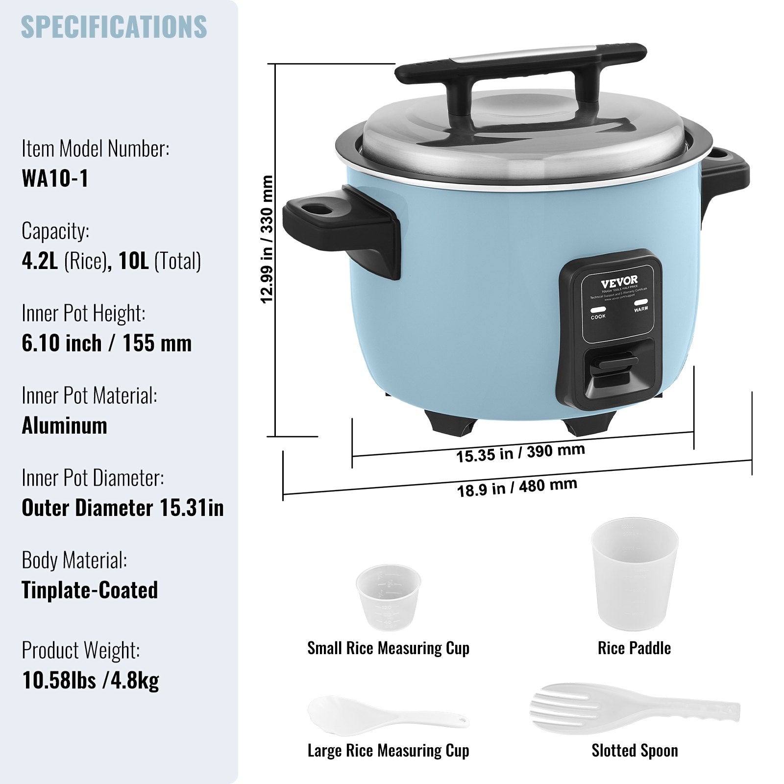 Commercial Rice Cooker 50-Cup 10L, Large Nonstick Cooker with Warmer & Paddle