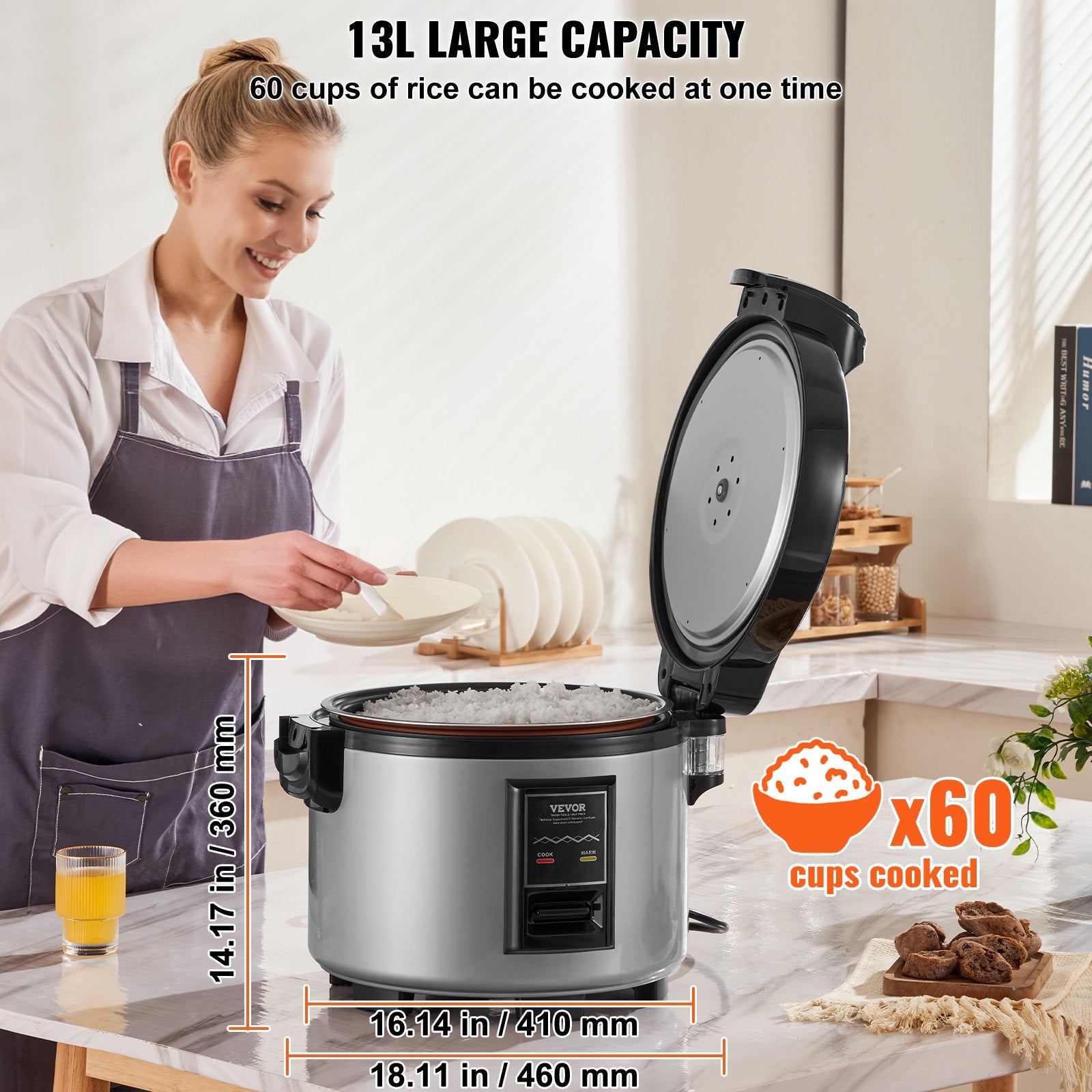 Commercial Rice Cooker 60-Cup 13L, Large Nonstick Cooker with Warmer & Paddle