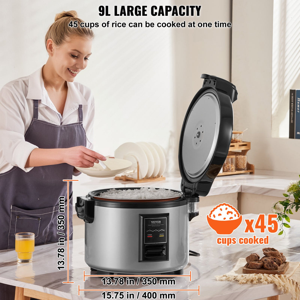Commercial Rice Cooker 45-Cup 9L, Large Nonstick Cooker with Warmer & Paddle