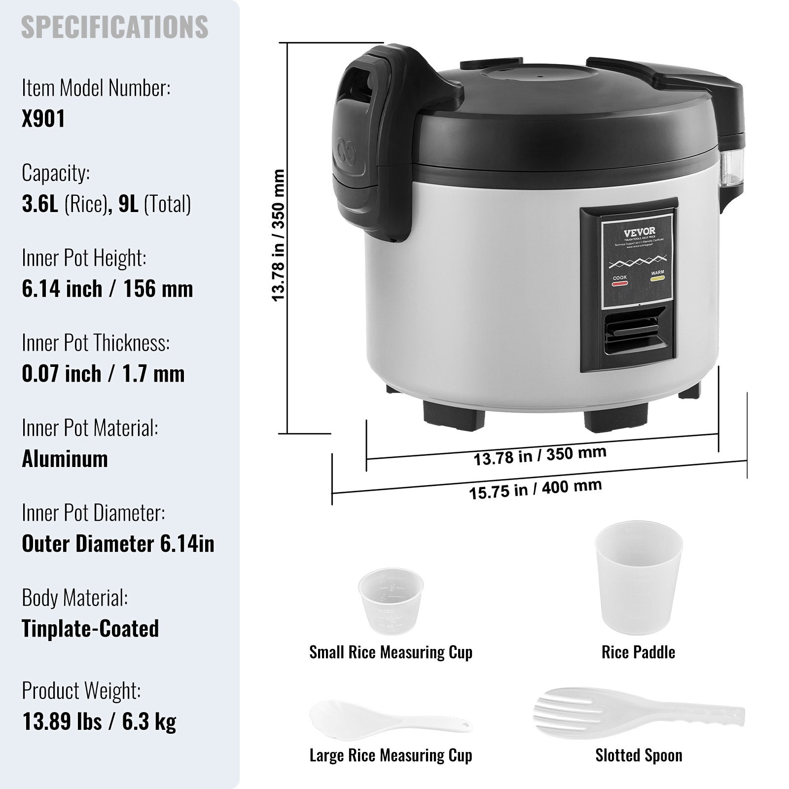Commercial Rice Cooker 45-Cup 9L, Large Nonstick Cooker with Warmer & Paddle