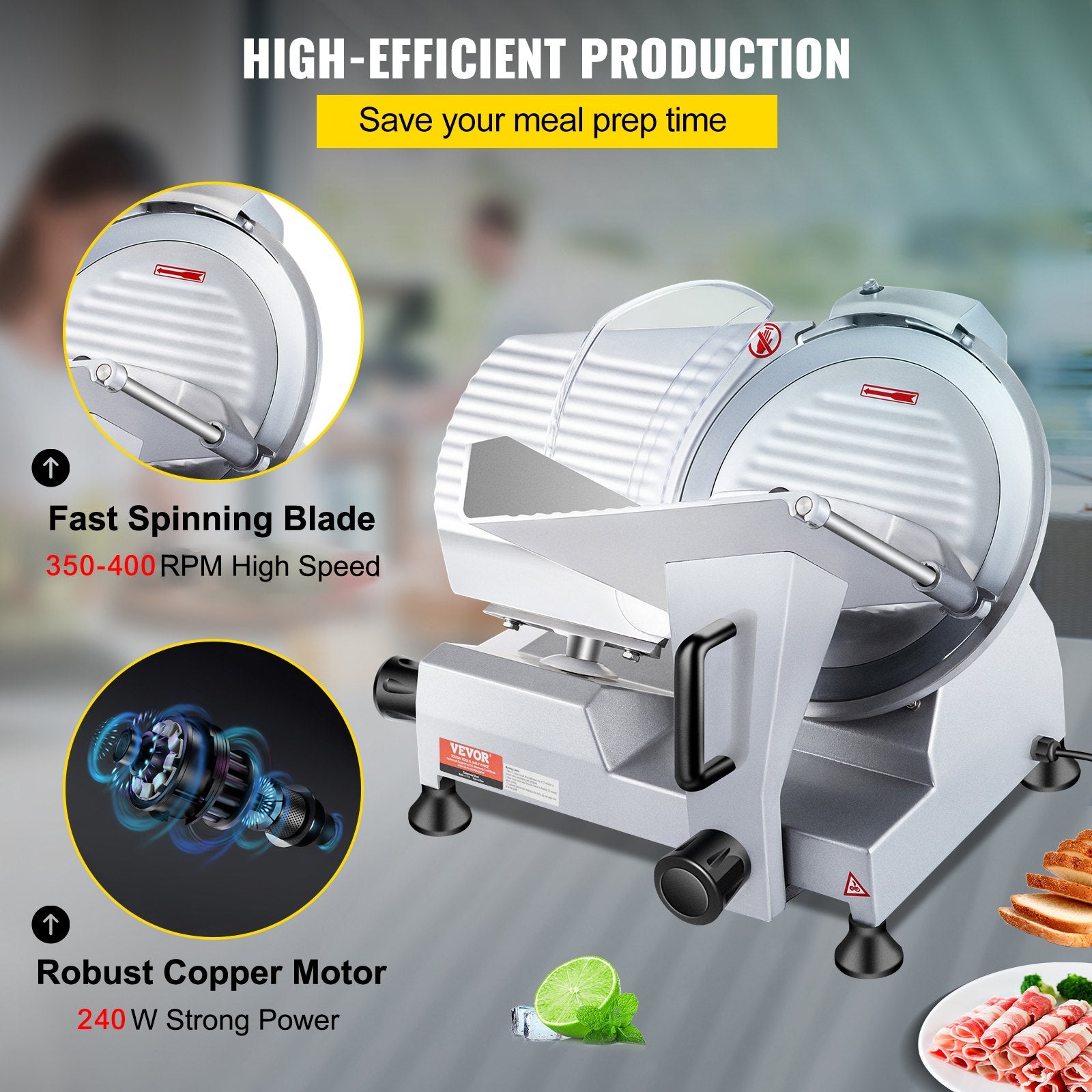 Meat Slicer Commercial 240W Electric 10 Inch Carbon Steel 0-0.47 Thickness