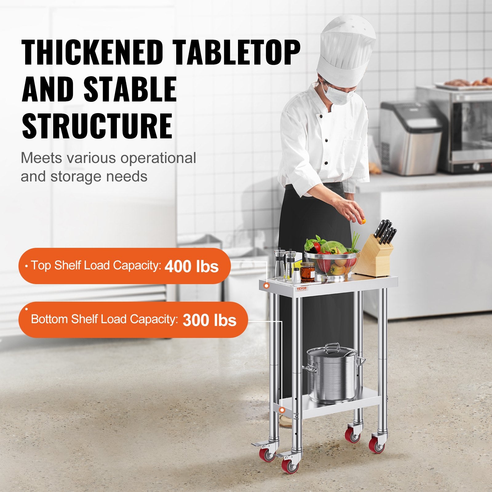 Stainless Steel Work Table 24x12x32in Wheels Heavy Duty Commercial Prep