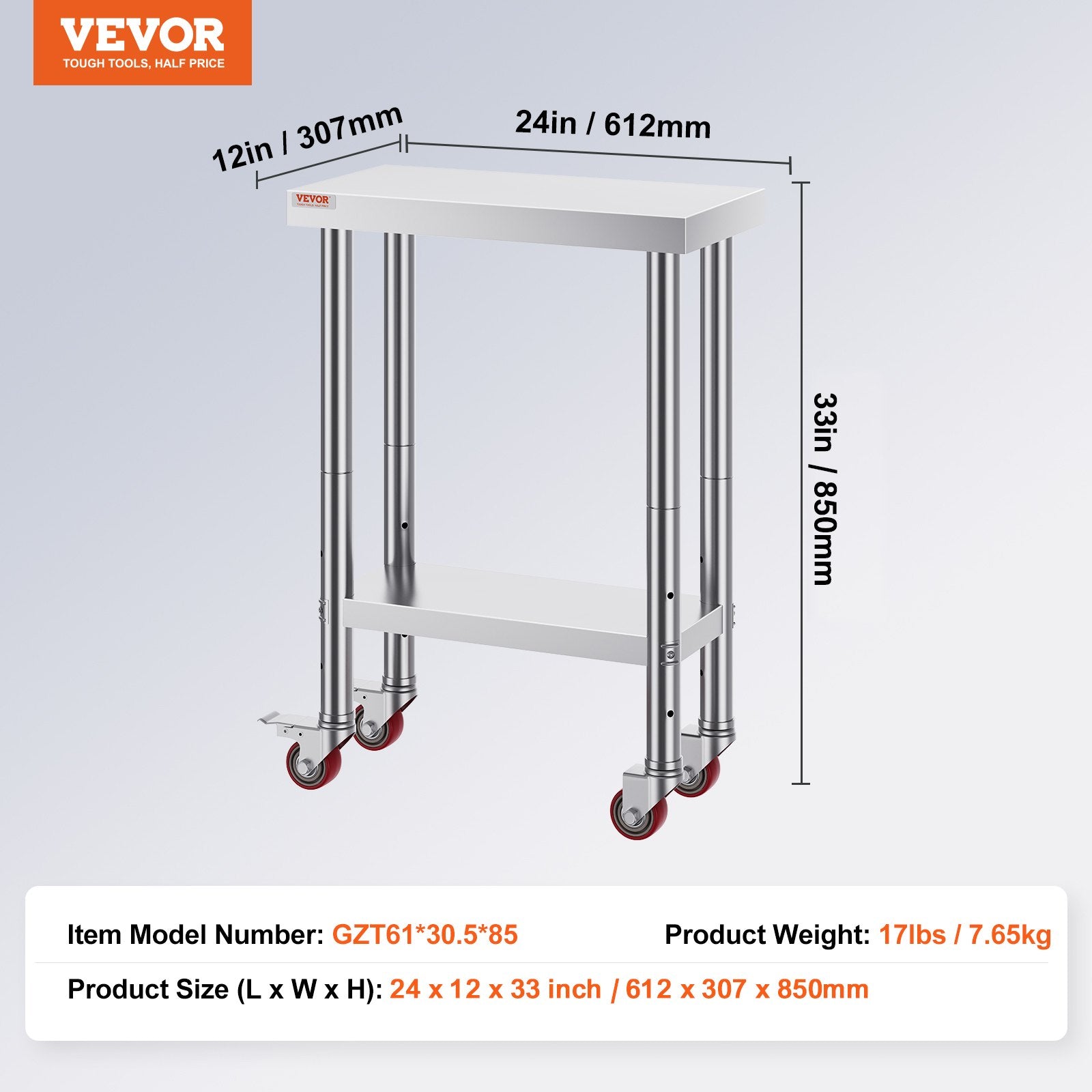 Stainless Steel Work Table 24x12x32in Wheels Heavy Duty Commercial Prep