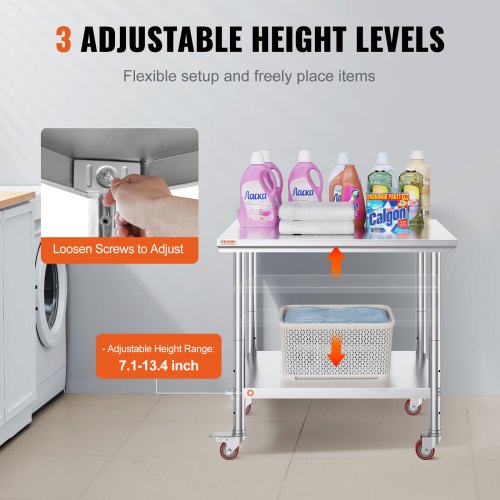 VEVOR Stainless Steel Kitchen Work 36x24 in Heavy Duty Table with Casters