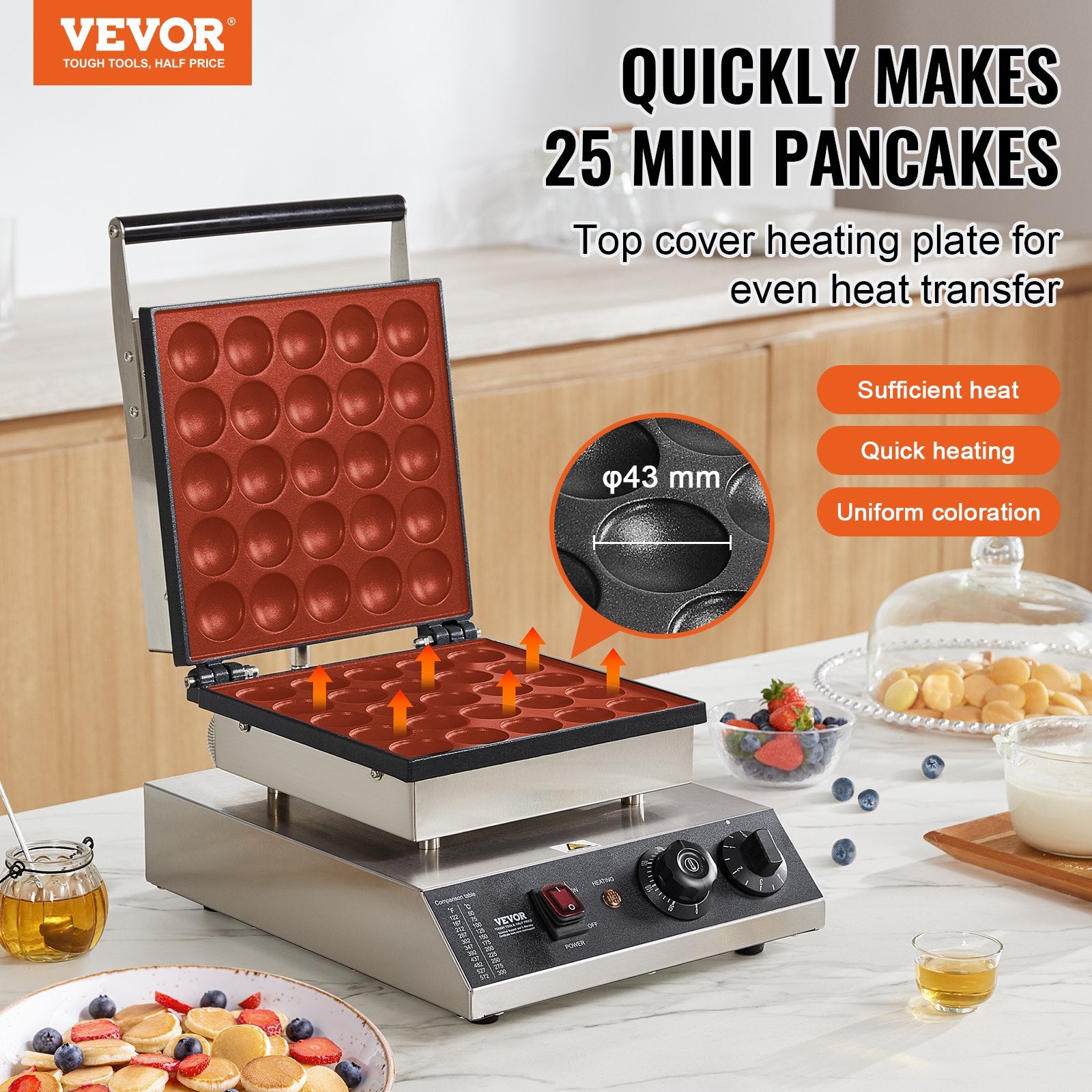 Mini Dutch Pancake Maker 25PCS 43mm, 1700W Electric Poffertjes Grill, Non-Stick