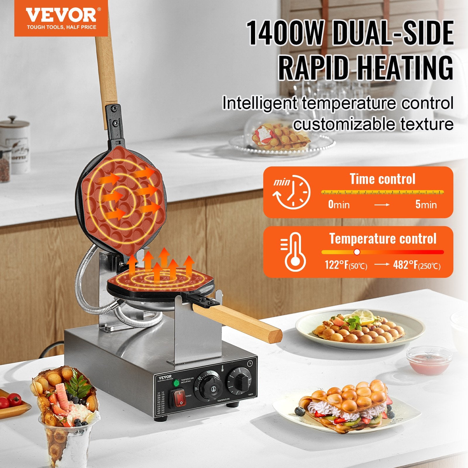 Commercial Bubble Waffle Maker 1400W Non-Stick Stainless Egg Puff Temp Control