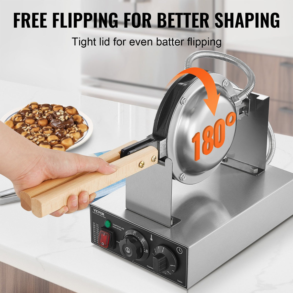 Commercial Bubble Waffle Maker 1400W Non-Stick Stainless Egg Puff Temp Control