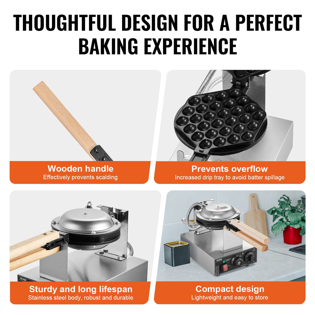 Commercial Bubble Waffle Maker 1400W Non-Stick Stainless Egg Puff Temp Control