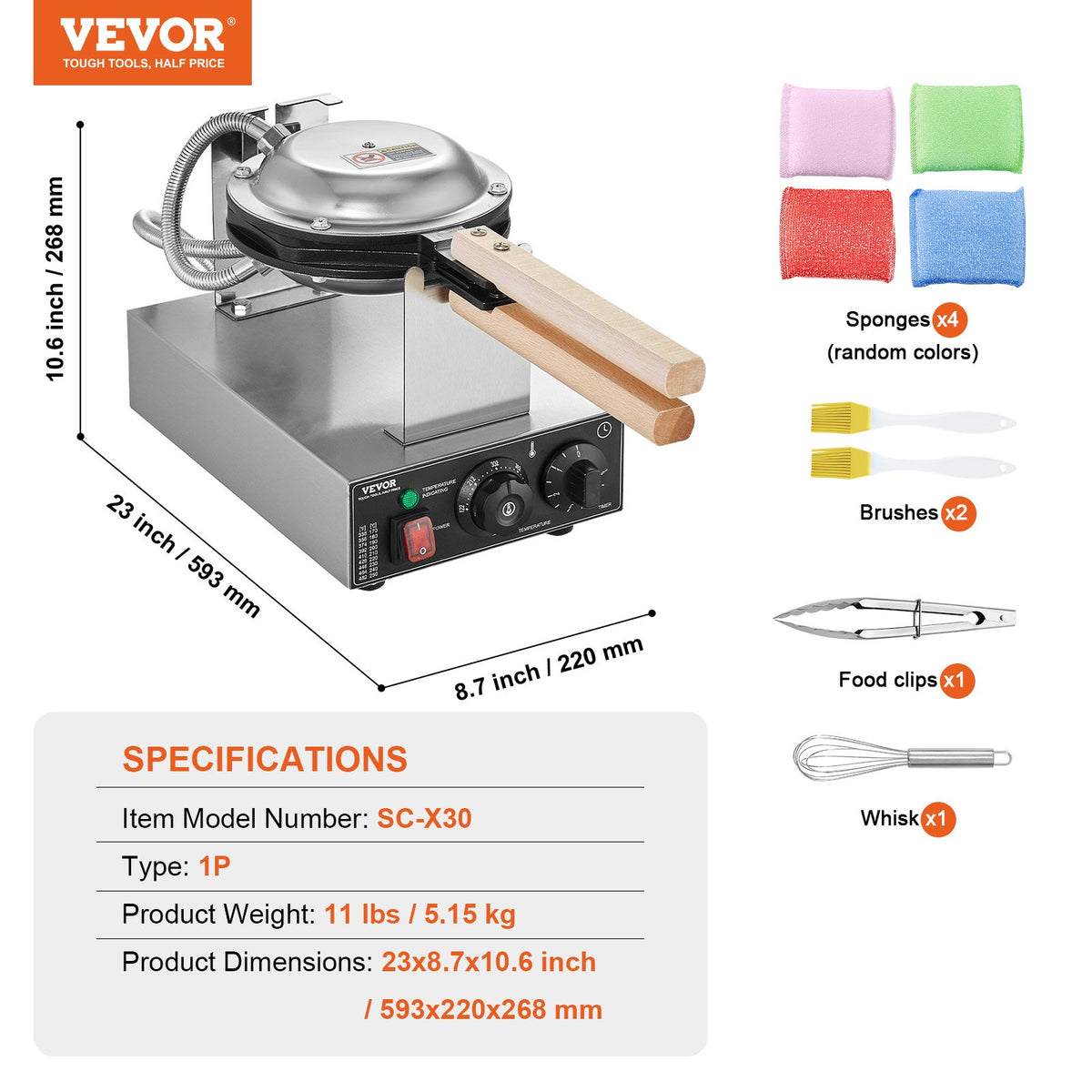 Commercial Bubble Waffle Maker 1400W Non-Stick Stainless Egg Puff Temp Control