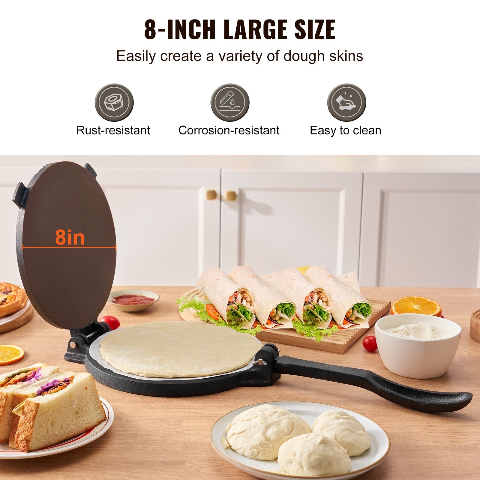 Tortilla Press, 8 Inch Cast Iron Heavy Duty Tortilla and Roti Maker with Paper