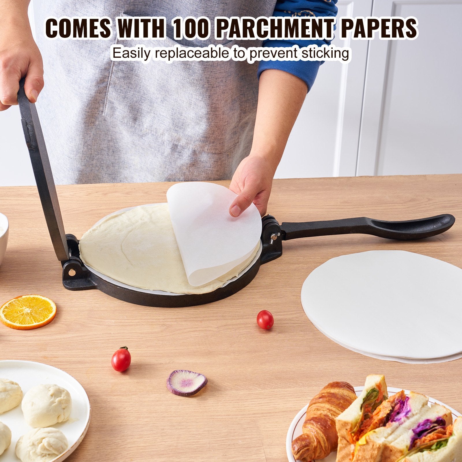 Tortilla Press, 8 Inch Cast Iron Heavy Duty Tortilla and Roti Maker with Paper