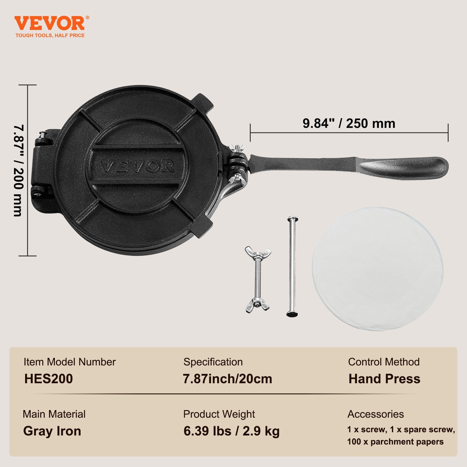 Tortilla Press, 8 Inch Cast Iron Heavy Duty Tortilla and Roti Maker with Paper