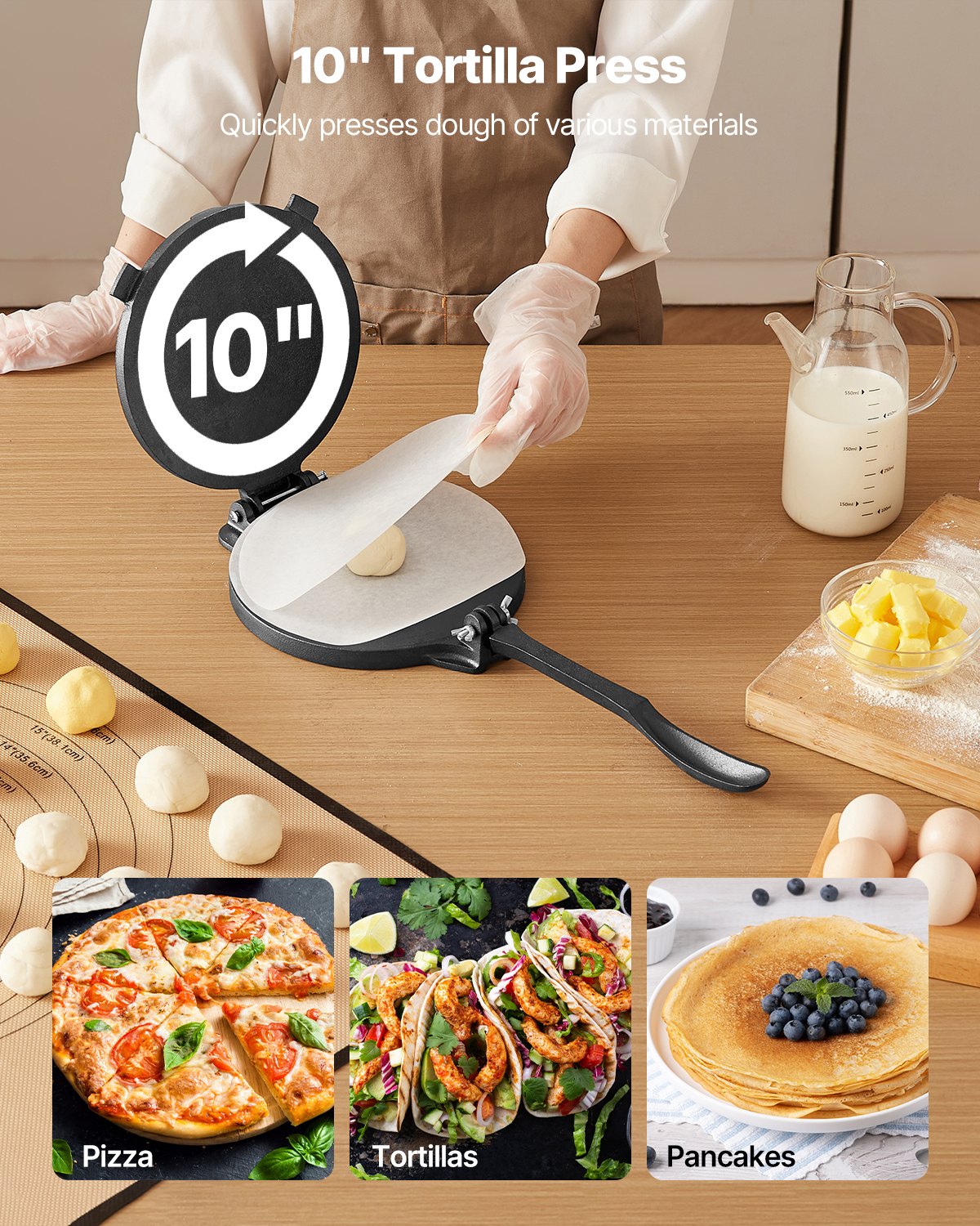 Tortilla Press 250mm Cast Iron Heavy Duty Roti Taco Maker 100Pcs Parchment Paper