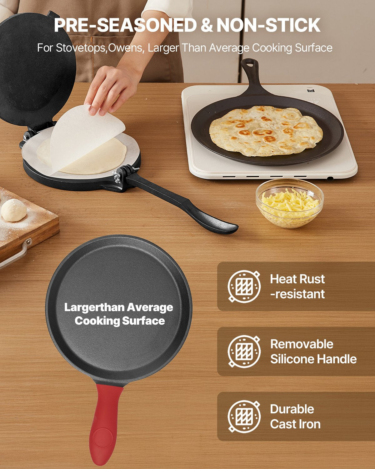 Tortilla Press 250mm Cast Iron Heavy Duty Roti Taco Maker 100Pcs Parchment Paper