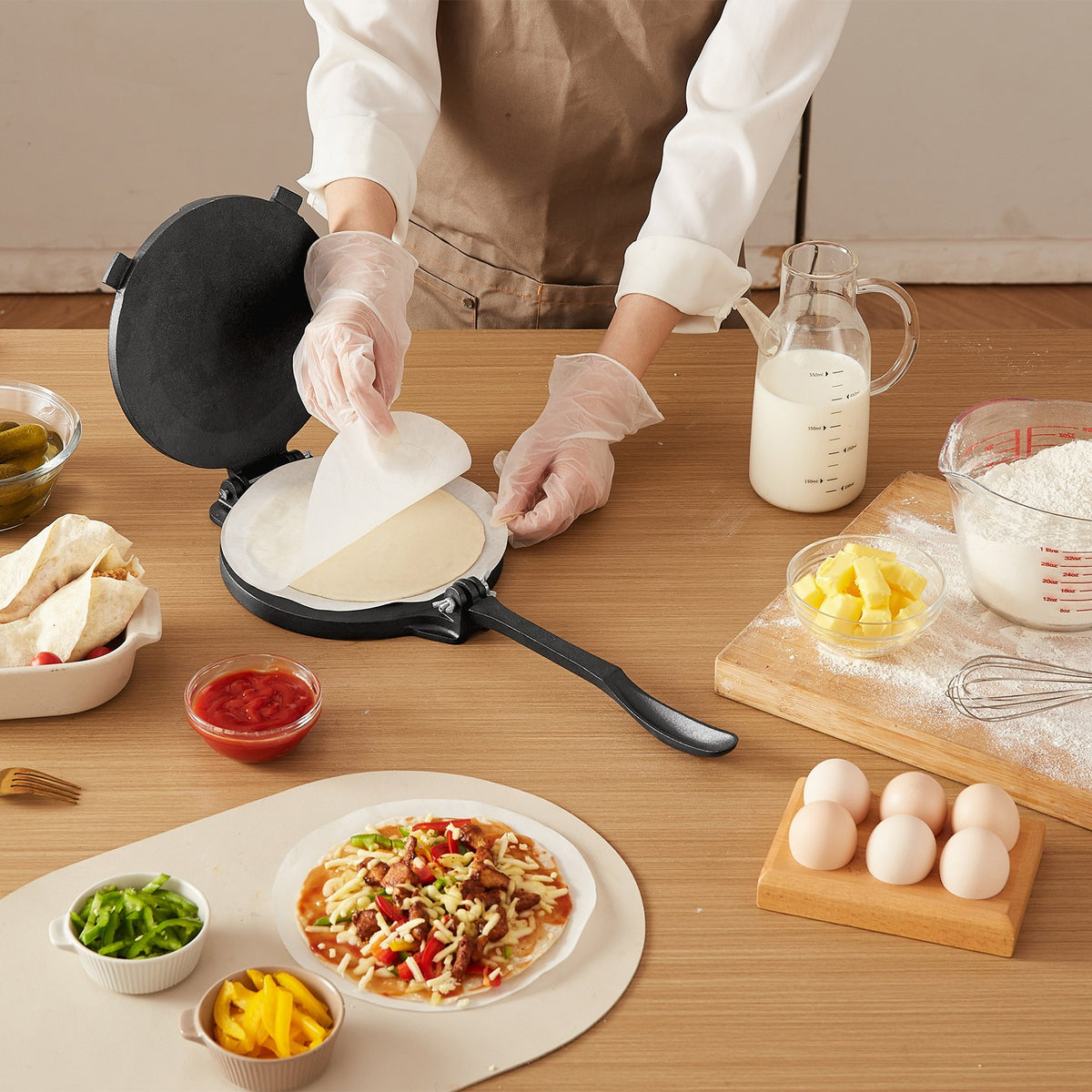 Tortilla Press 250mm Cast Iron Heavy Duty Roti Taco Maker 100Pcs Parchment Paper
