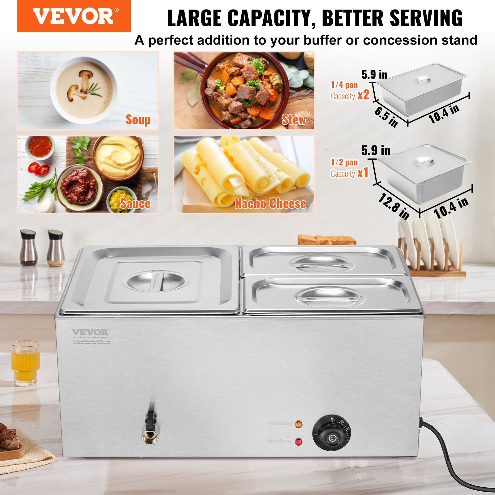 Food Warmer Commercial 3-Pan Electric Steam Table Stainless Steel 1200W