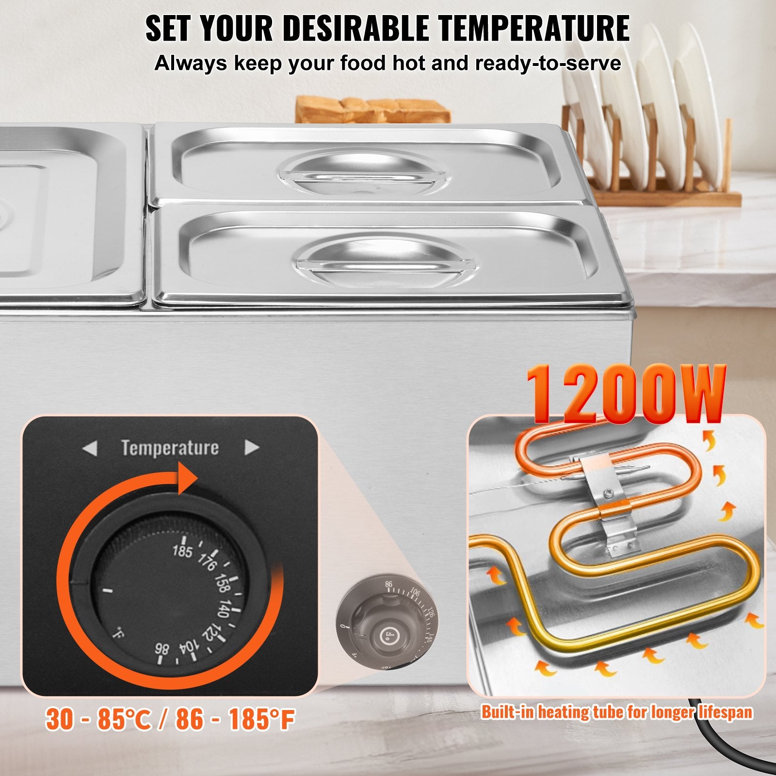 Food Warmer Commercial 3-Pan Electric Steam Table Stainless Steel 1200W