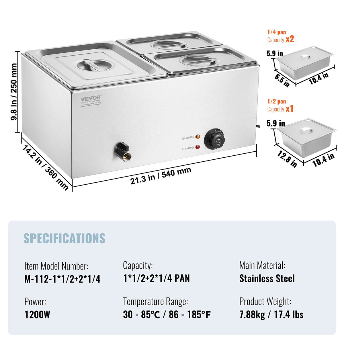 Food Warmer Commercial 3-Pan Electric Steam Table Stainless Steel 1200W