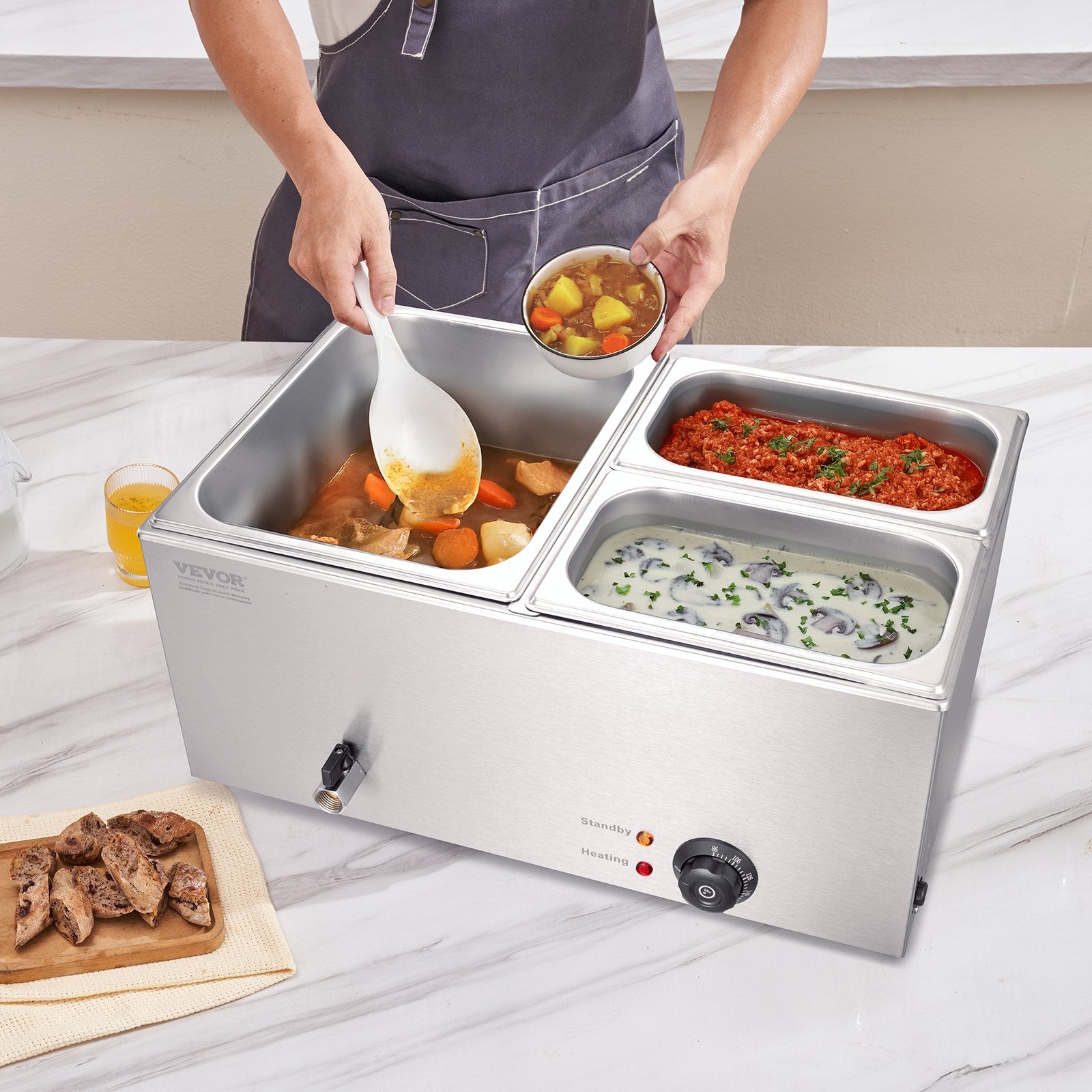 Food Warmer Commercial 3-Pan Electric Steam Table Stainless Steel 1200W