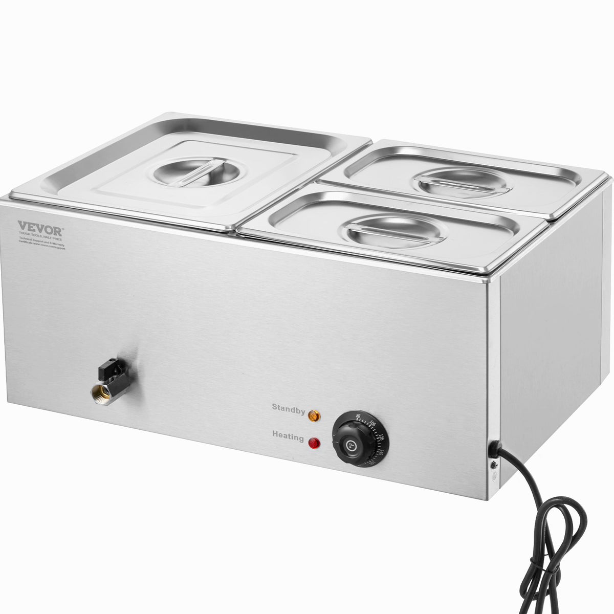 Food Warmer Commercial 3-Pan Electric Steam Table Stainless Steel 1200W
