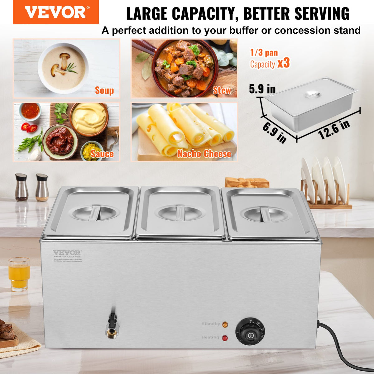 Food Warmer Commercial 3-Pan Electric Steam Table Stainless Steel 16.5L 1200W