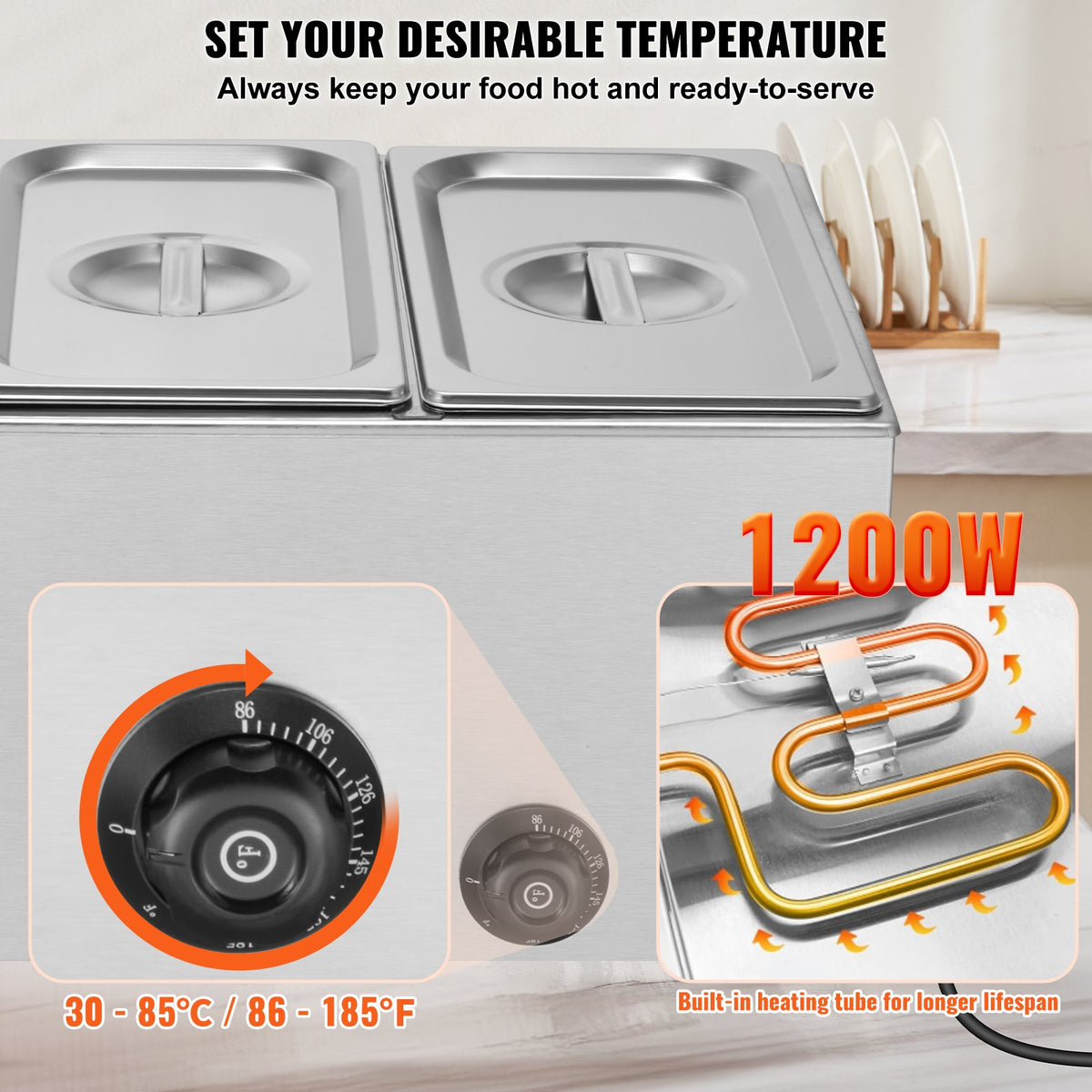 Food Warmer Commercial 3-Pan Electric Steam Table Stainless Steel 16.5L 1200W