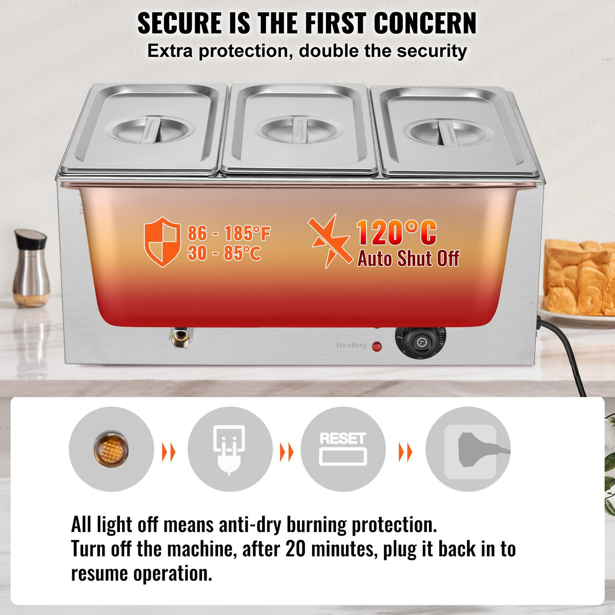 Food Warmer Commercial 3-Pan Electric Steam Table Stainless Steel 16.5L 1200W