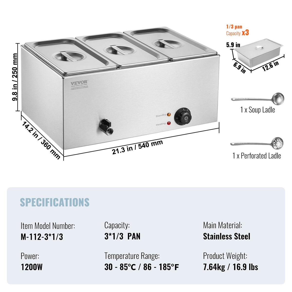 Food Warmer Commercial 3-Pan Electric Steam Table Stainless Steel 16.5L 1200W