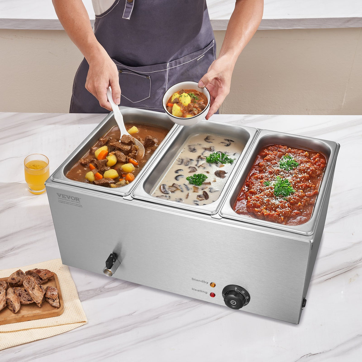 Food Warmer Commercial 3-Pan Electric Steam Table Stainless Steel 16.5L 1200W