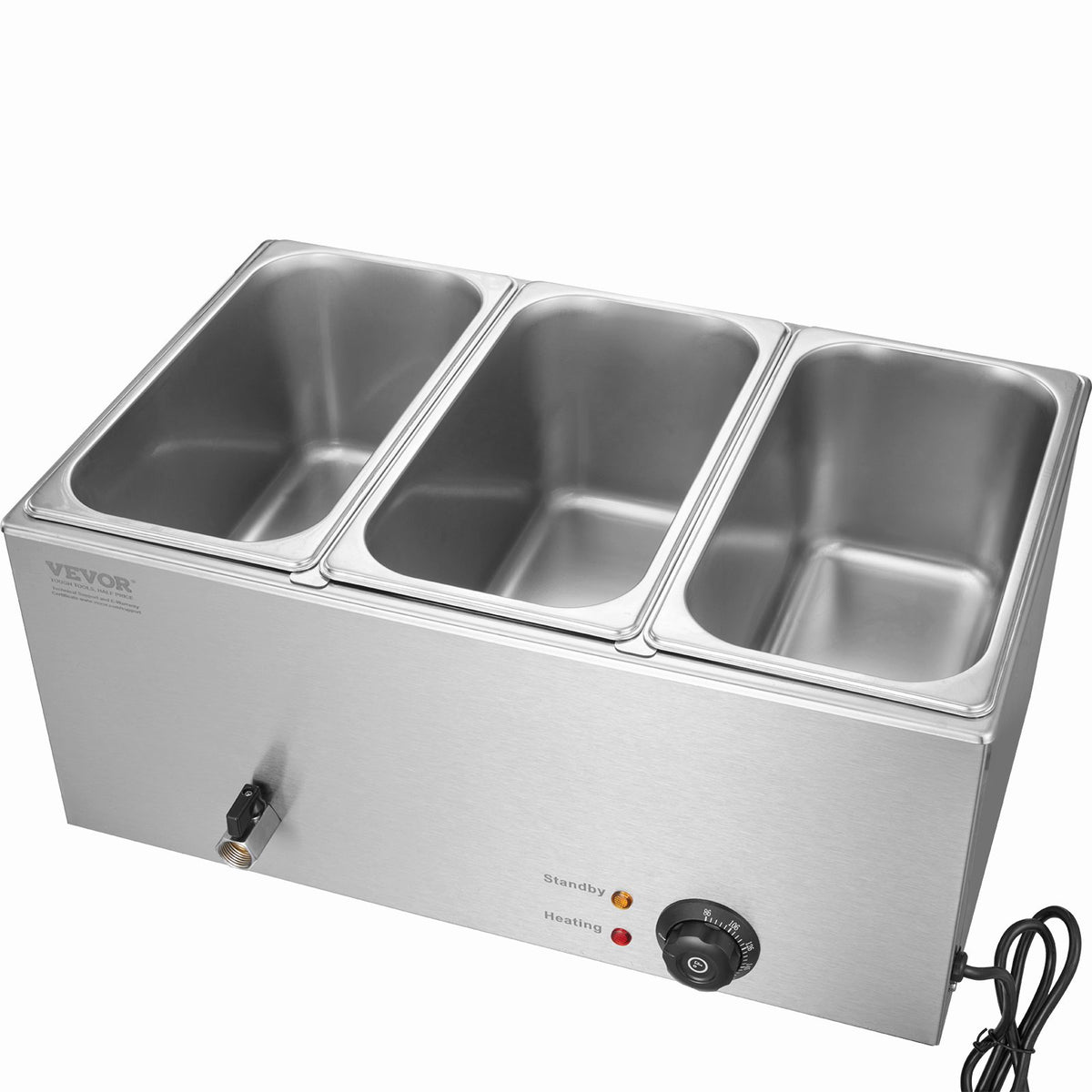 Food Warmer Commercial 3-Pan Electric Steam Table Stainless Steel 16.5L 1200W
