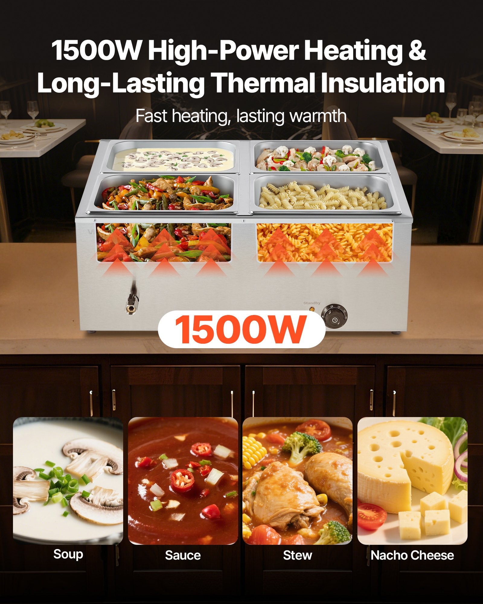 Food Warmer Commercial 4-Pan Electric Steam Stainless Steel 1500W with Lid