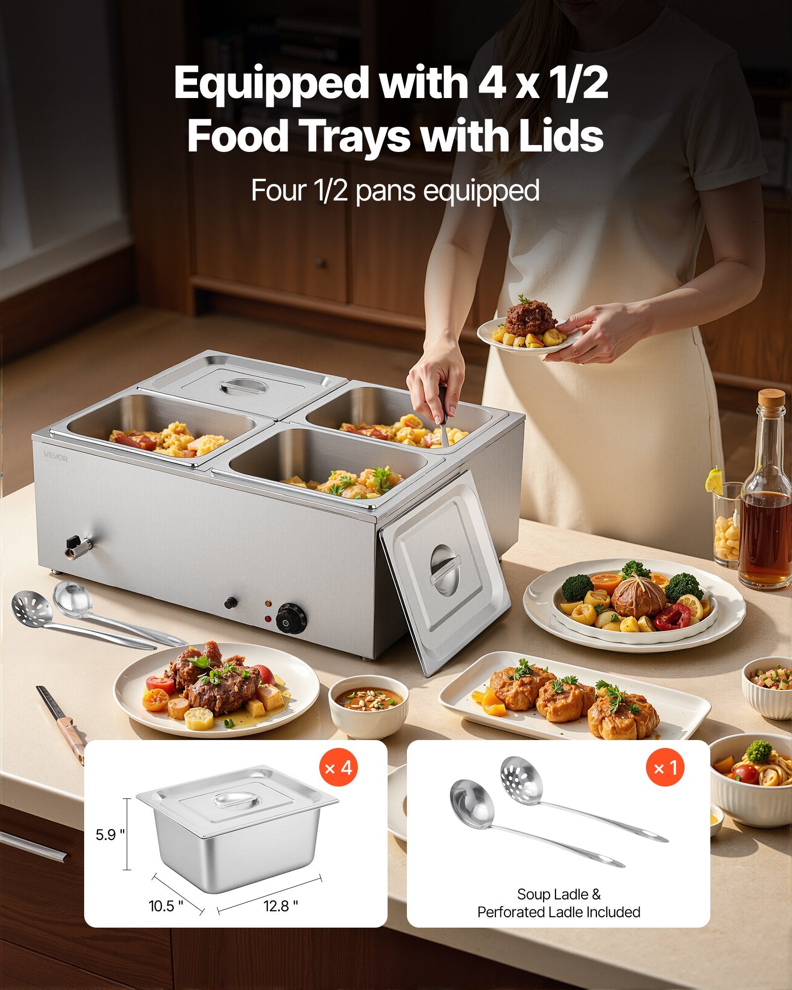 Food Warmer Commercial 4-Pan Electric Steam Stainless Steel 1500W with Lid
