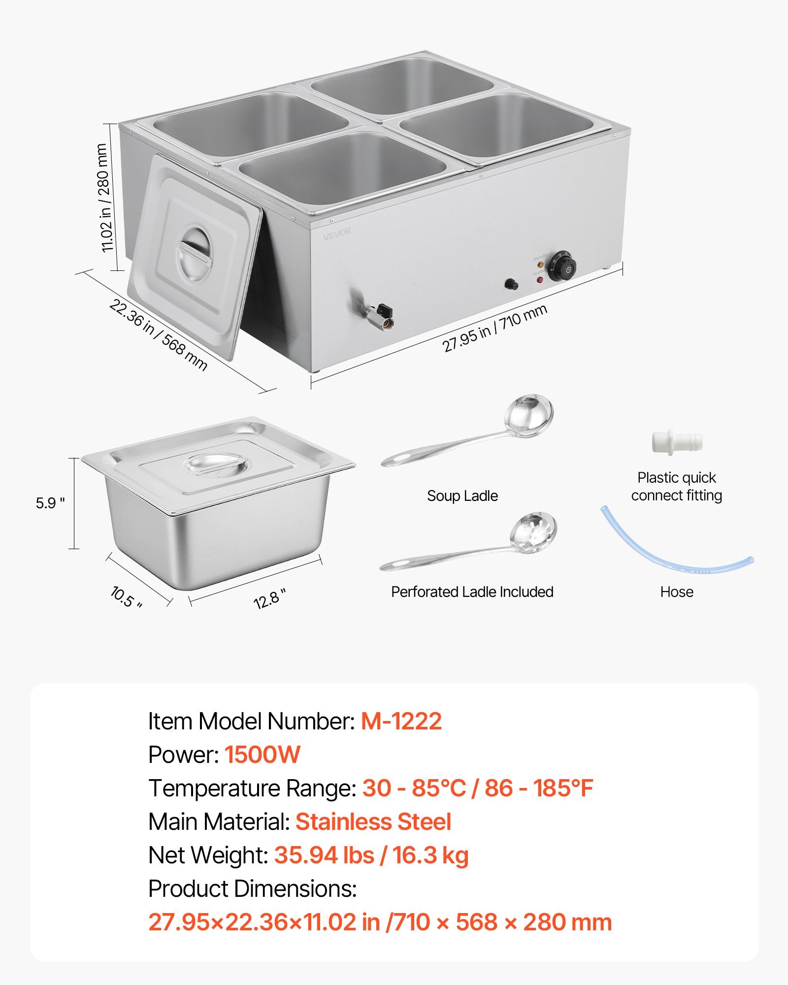 Food Warmer Commercial 4-Pan Electric Steam Stainless Steel 1500W with Lid