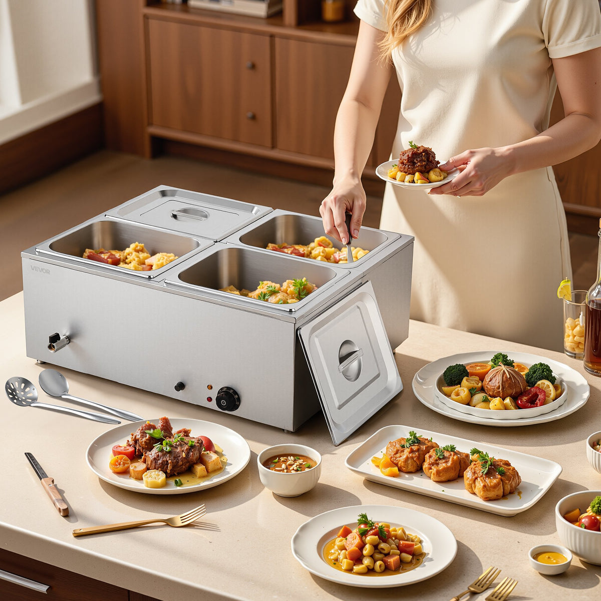 Food Warmer Commercial 4-Pan Electric Steam Stainless Steel 1500W with Lid