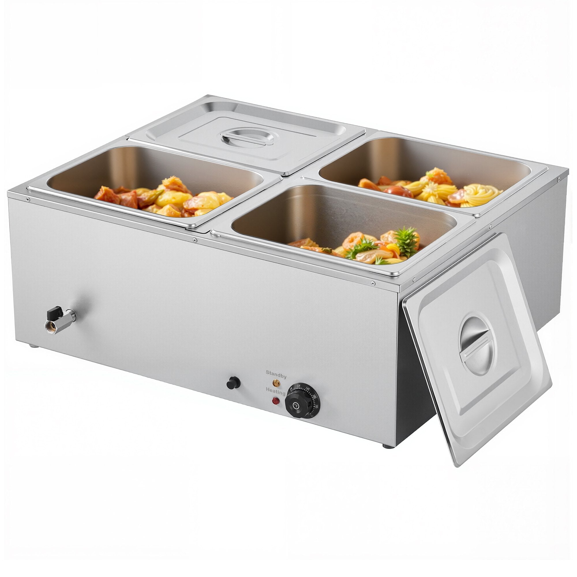 Food Warmer Commercial 4-Pan Electric Steam Stainless Steel 1500W with Lid