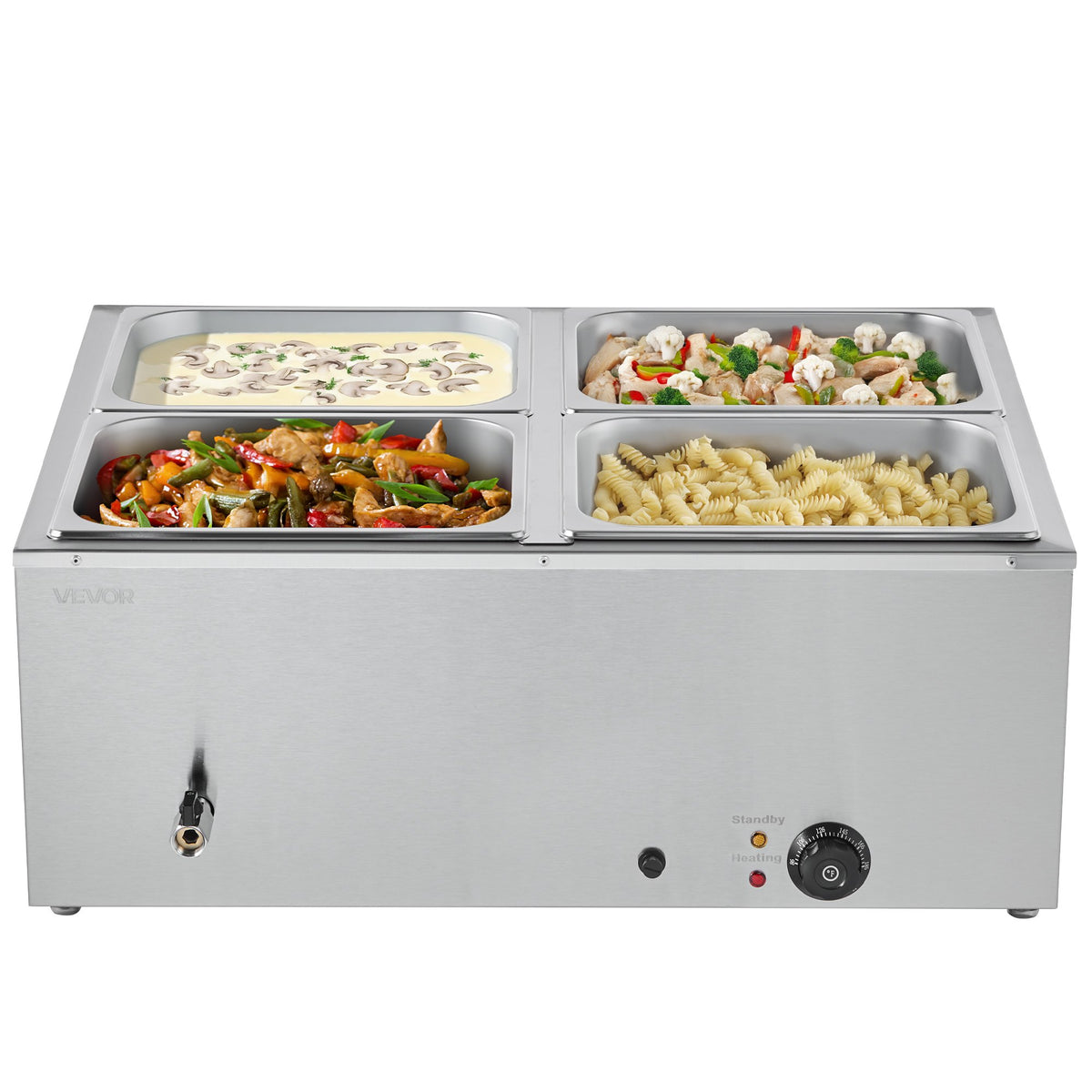 Food Warmer Commercial 4-Pan Electric Steam Stainless Steel 1500W with Lid