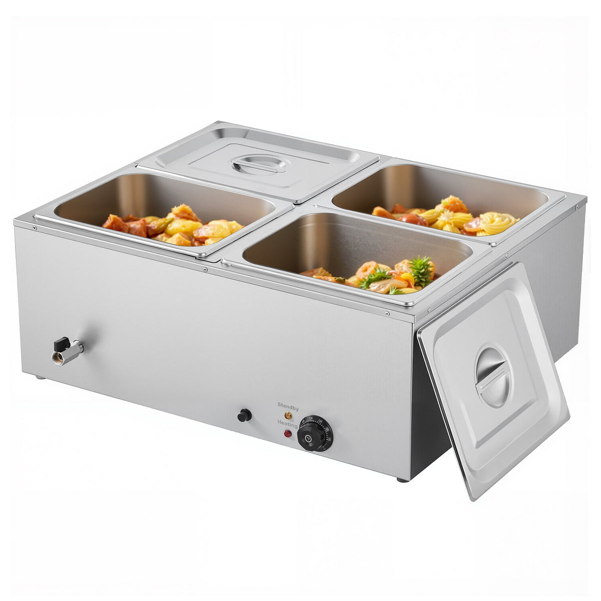 Food Warmer Commercial 4-Pan Electric Steam Stainless Steel 1500W with Lid