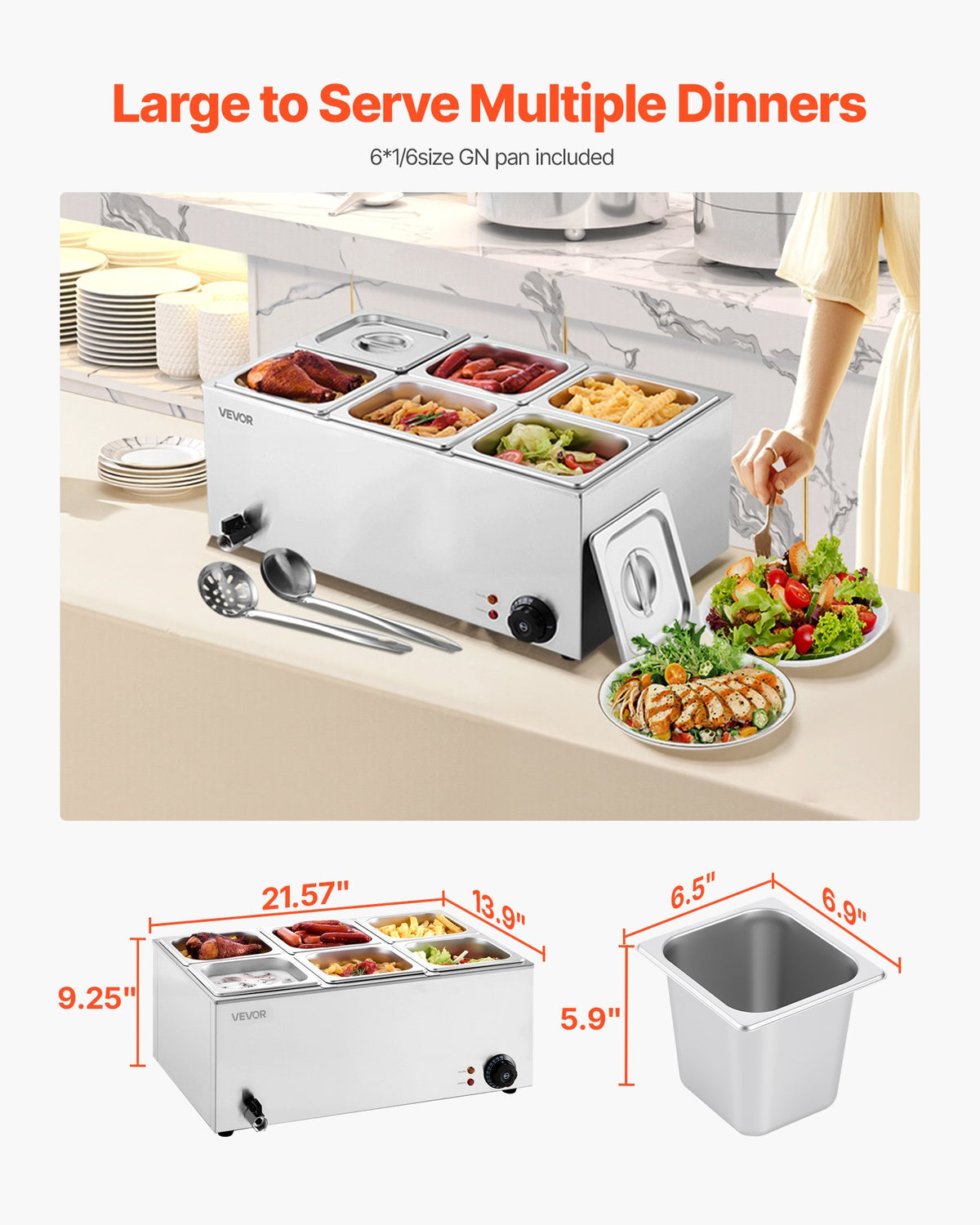 Commercial Food Warmer, 6-Pan Electric Steam Table, 1200W Countertop Bain Marie