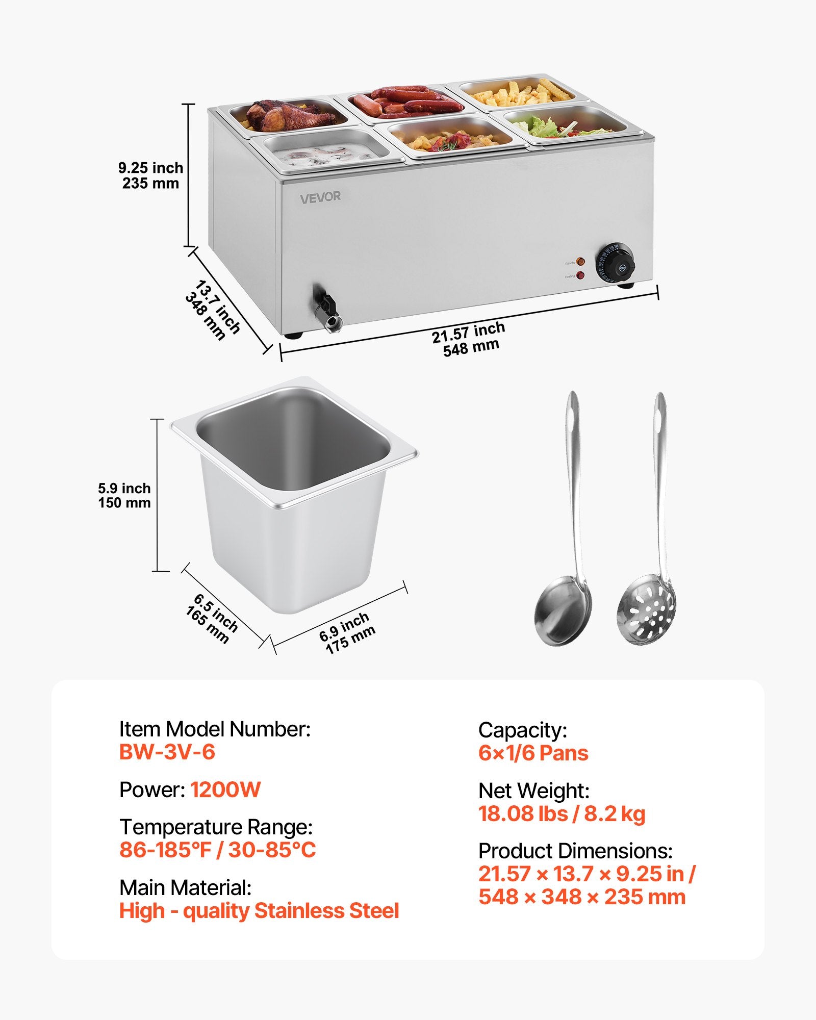 Commercial Food Warmer, 6-Pan Electric Steam Table, 1200W Countertop Bain Marie