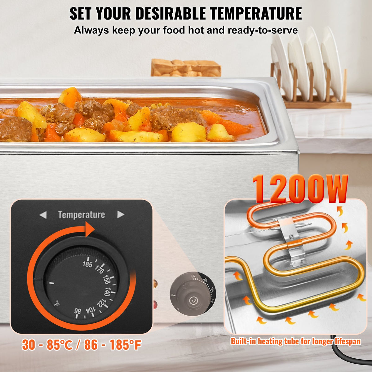 18L Commercial Electric Food Warmer 1200W Stainless Steel Bain Marie Steam Table