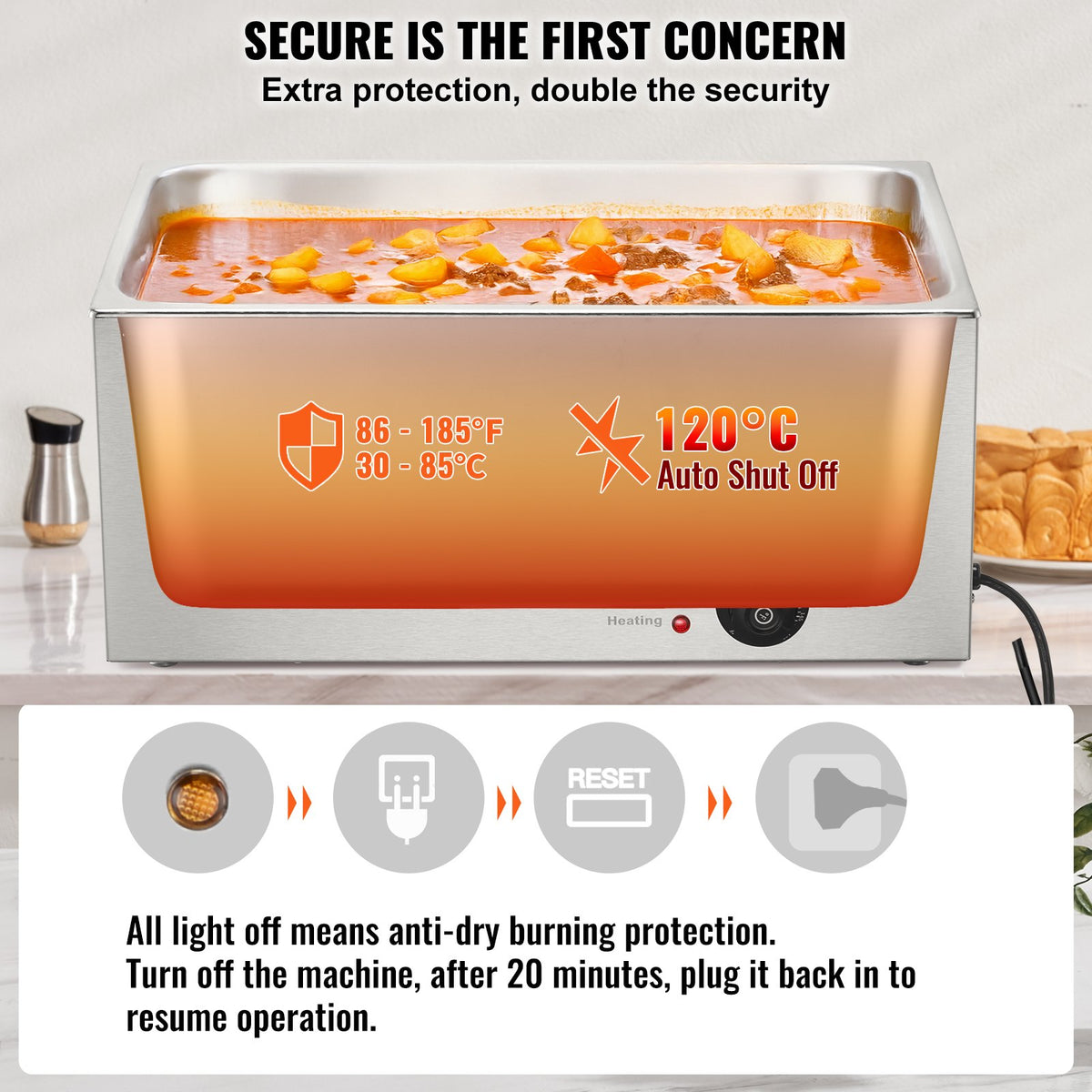 18L Commercial Electric Food Warmer 1200W Stainless Steel Bain Marie Steam Table
