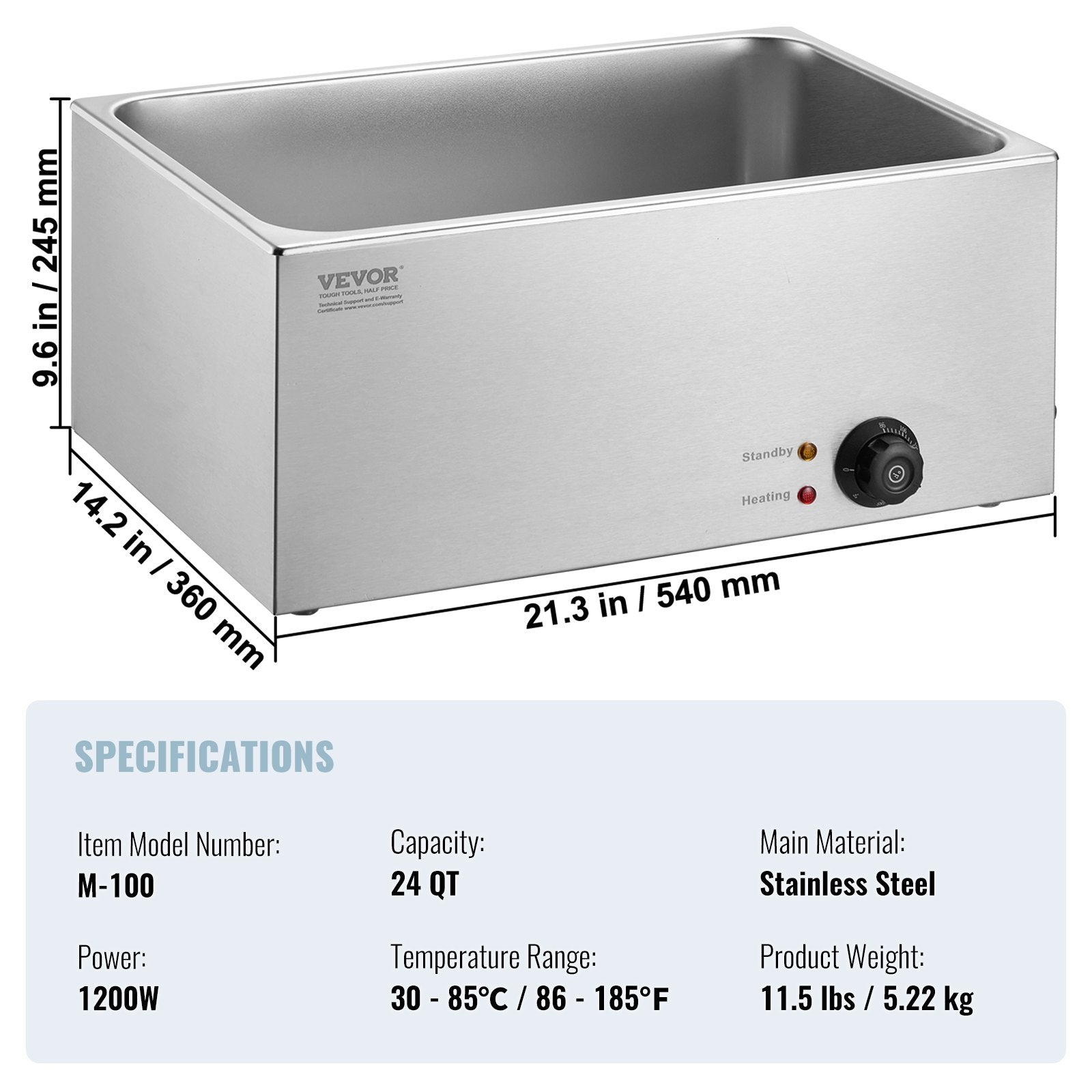 18L Commercial Electric Food Warmer 1200W Stainless Steel Bain Marie Steam Table