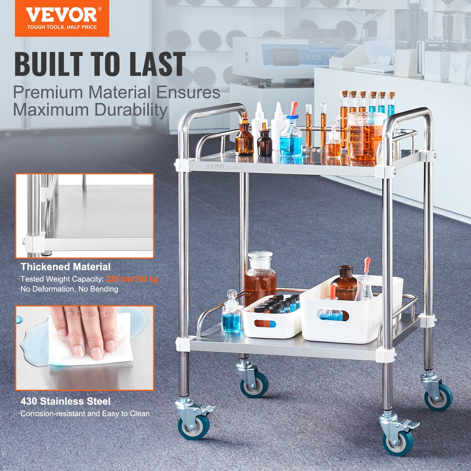 2-Shelf Stainless Steel Lab Rolling Cart with Swivel Casters for Clinic Salon