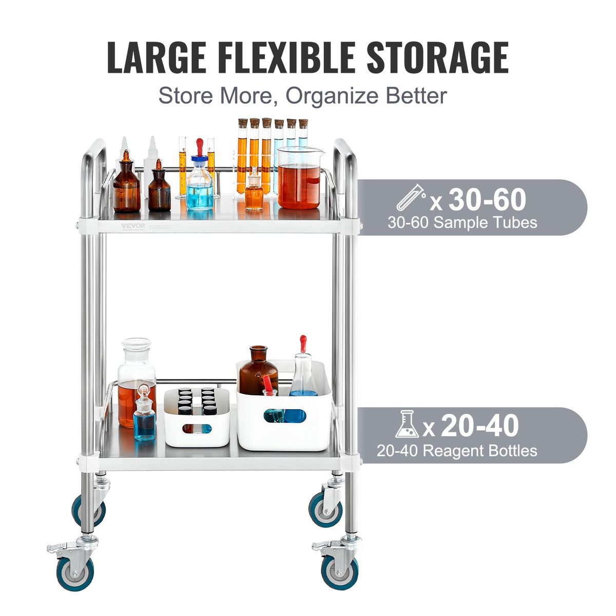 2-Shelf Stainless Steel Lab Rolling Cart with Swivel Casters for Clinic Salon