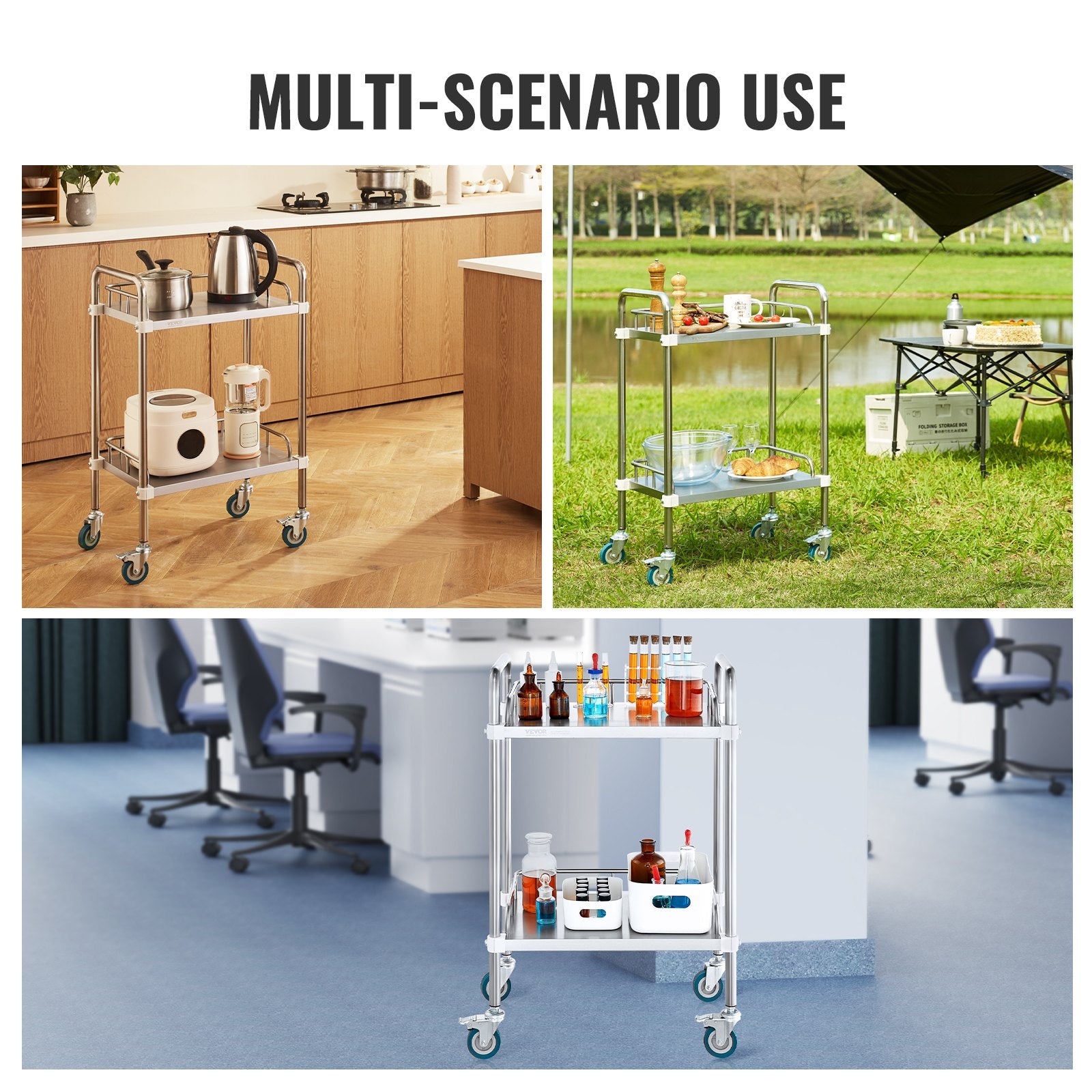 2-Shelf Stainless Steel Lab Rolling Cart with Swivel Casters for Clinic Salon