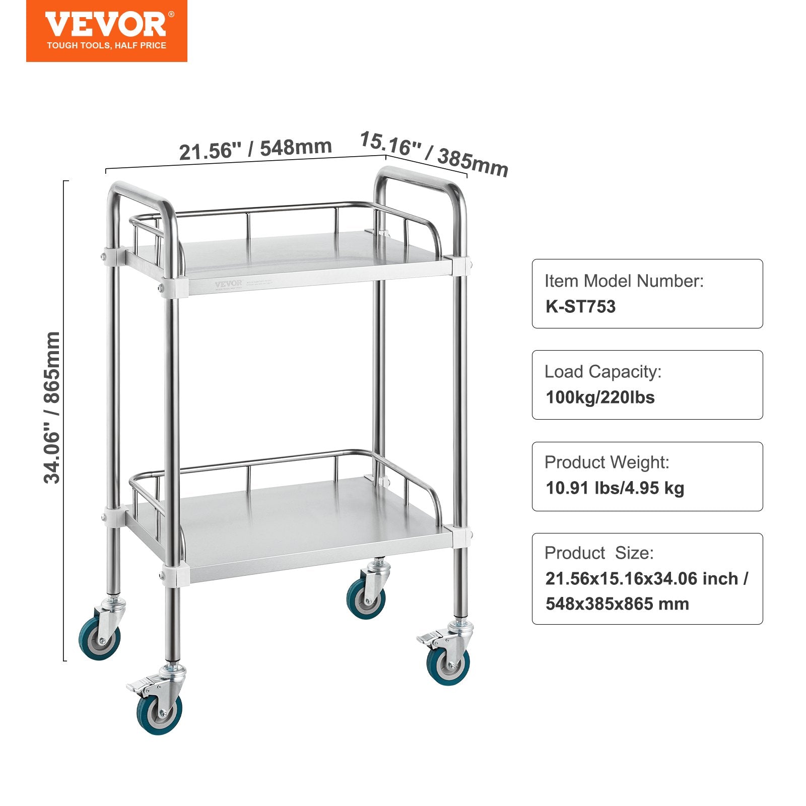 2-Shelf Stainless Steel Lab Rolling Cart with Swivel Casters for Clinic Salon