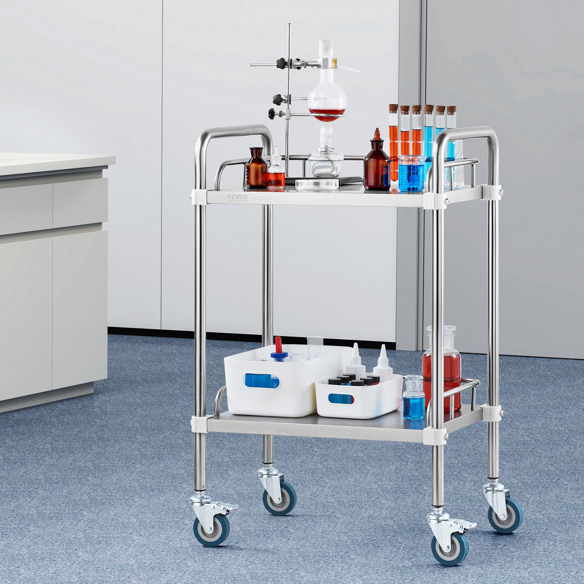 2-Shelf Stainless Steel Lab Rolling Cart with Swivel Casters for Clinic Salon