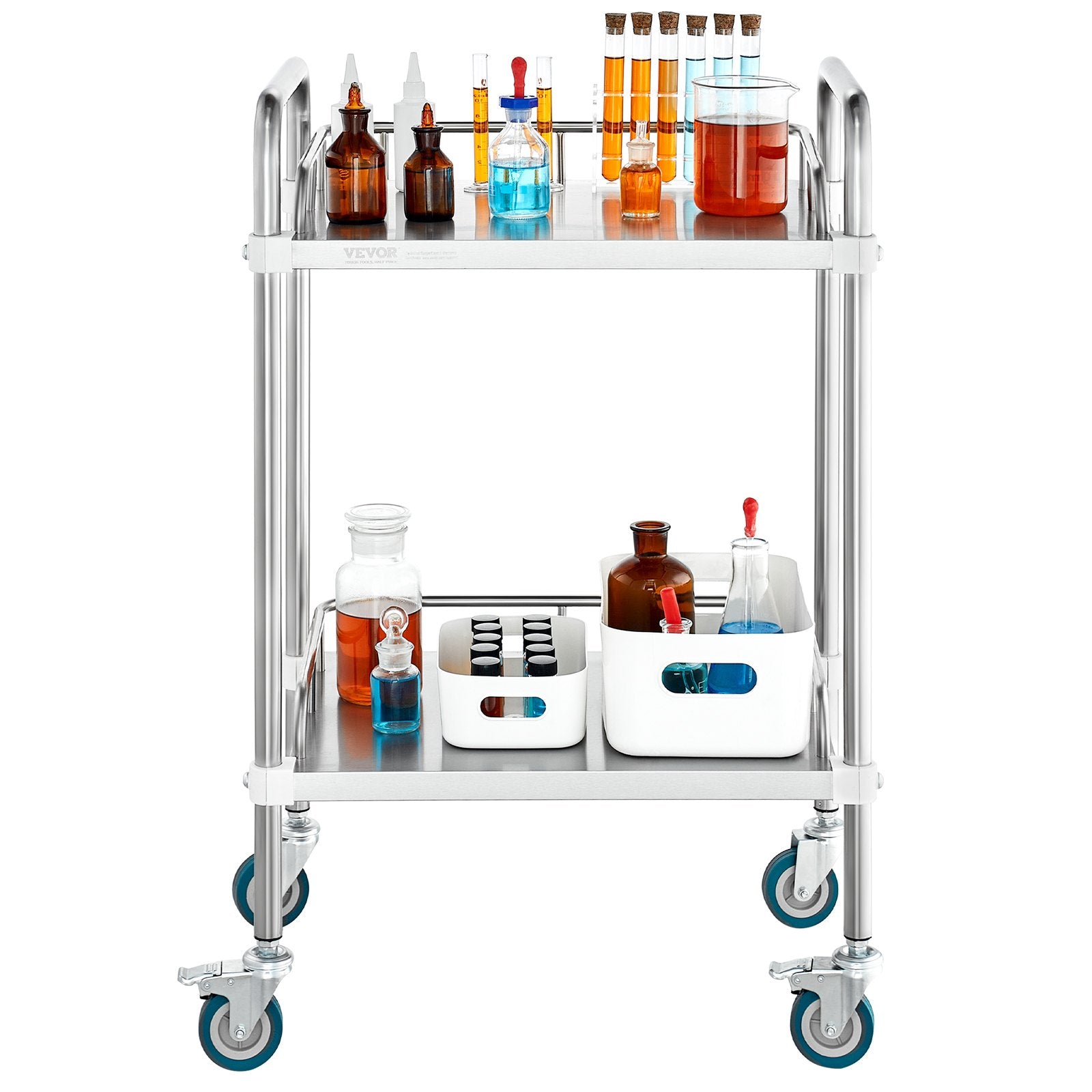 2-Shelf Stainless Steel Lab Rolling Cart with Swivel Casters for Clinic Salon