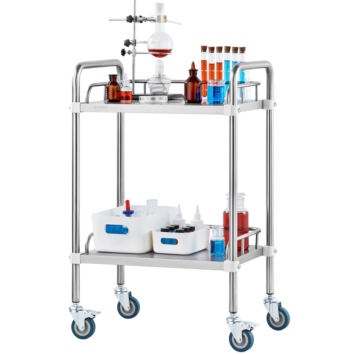 2-Shelf Stainless Steel Lab Rolling Cart with Swivel Casters for Clinic Salon